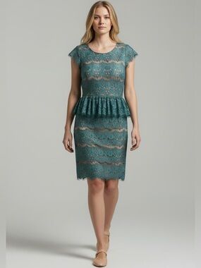 Anthropologie Maeve Elsa Teal Lace Illusion Dress Peplum Size Large